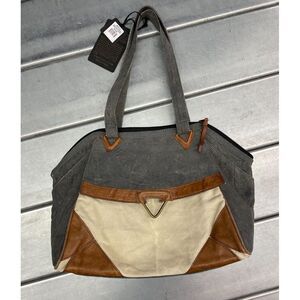 Mona B Upcycled Canvas Shoulder Bag Womens Gray‎ Brown Leather Trim Handbag